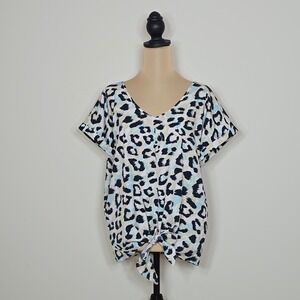Juicy Couture Womens XL Leopard Print V-Neck Front Tie Short Sleeve Blouse Blue
